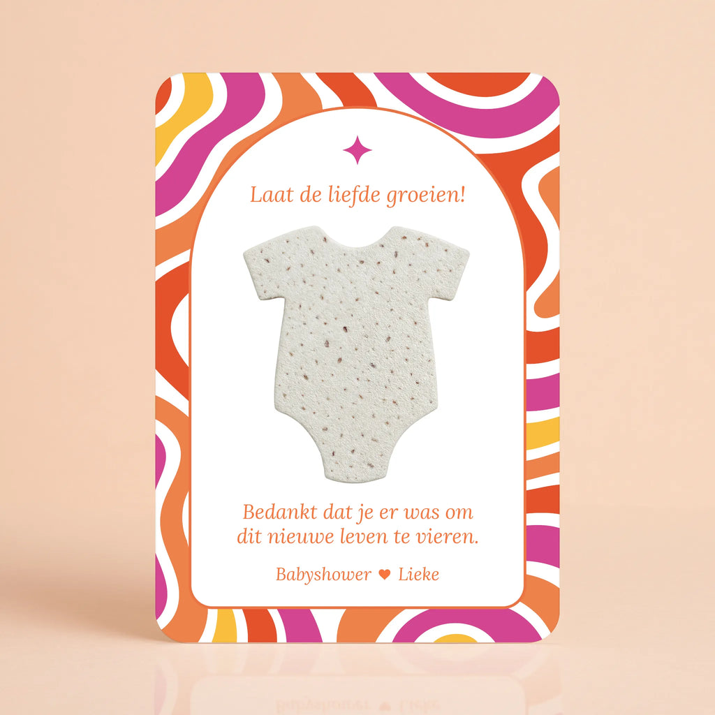 Babyshower cadeau en bedankje met zaadpapier hart Flower Power – gepersonaliseerd kaartje met romper van zaadpapier, Studio Miron