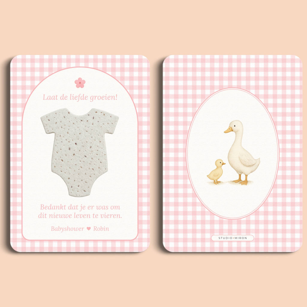 Babyshower cadeau bedankje zaadpapier rompertje gingham roze voor en achter Studio Miron