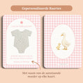 Babyshower cadeau bedankje zaadpapier rompertje gingham roze gepersonaliseerd voor en achter Studio Miron