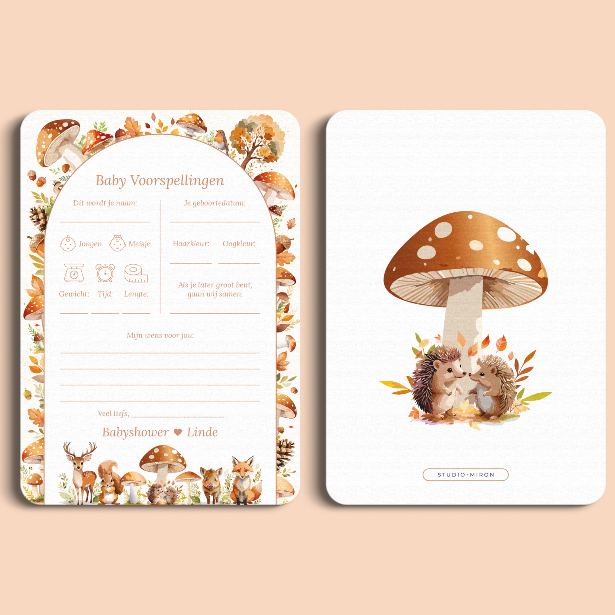 Babyshower invulkaart Baby Voorspellingen in Bosdieren stijl, voor- en achterkant – Studio Miron