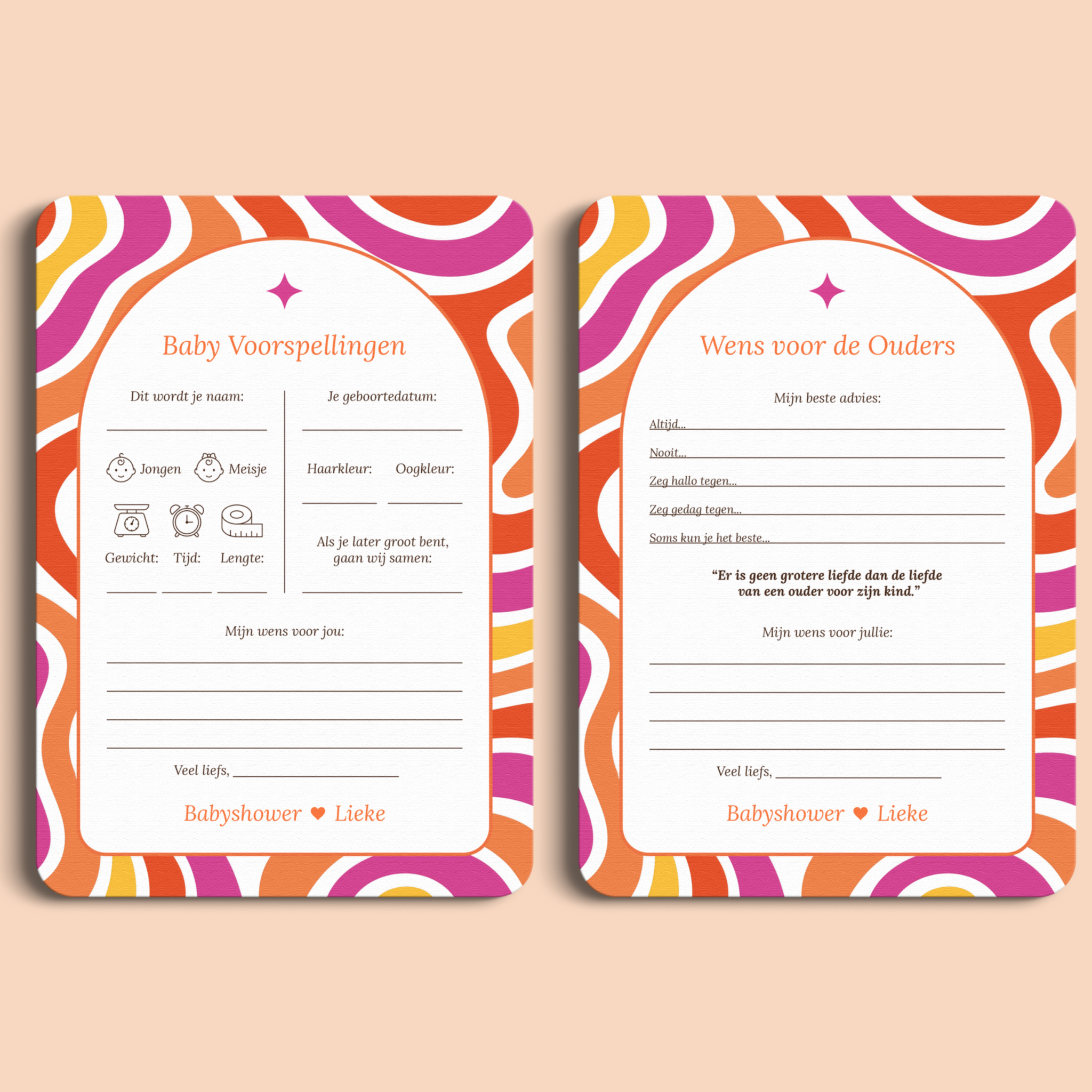 Babyshower invulkaarten Pakket in Flower Power stijl, voor- en achterkant – Studio Miron