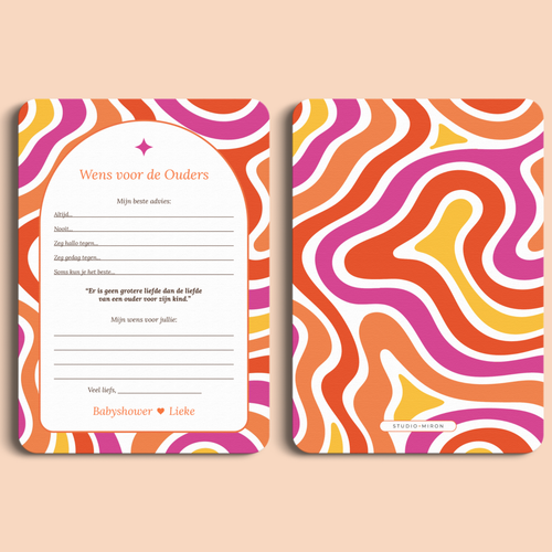 Babyshower invulkaart Wensen voor de Ouders in Flower Power stijl, voor- en achterkant – Studio Miron
