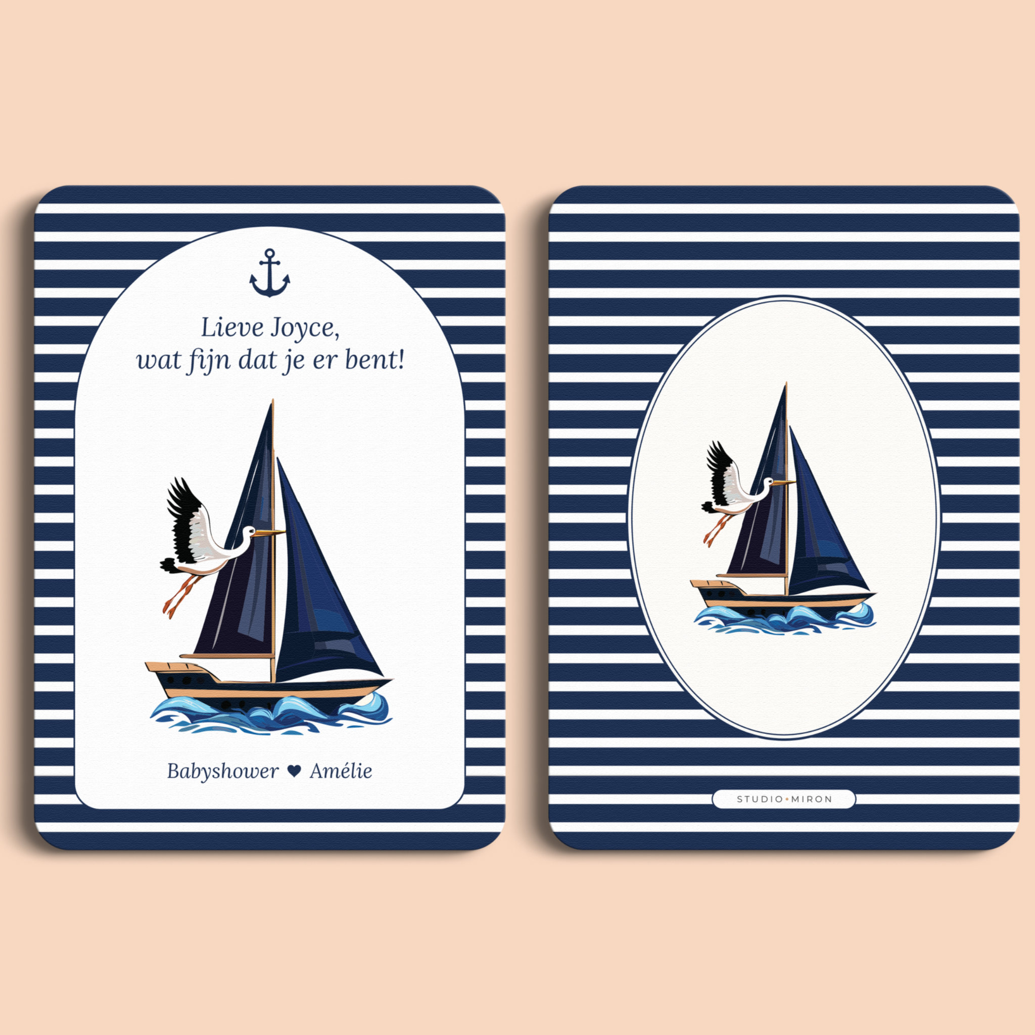 Babyshower mini welkomstbord naamkaart in Navy Blue stijl, voor- en achterkant – Studio Miron