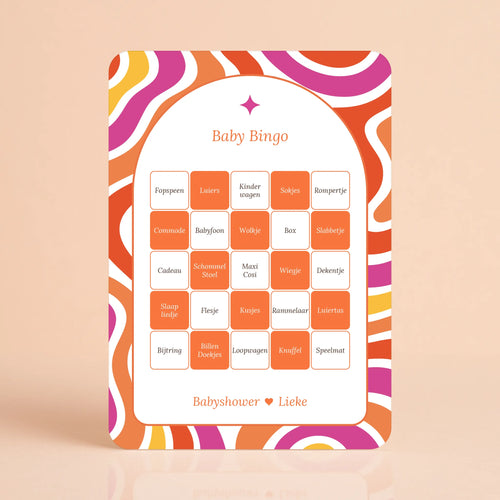 Babyshower spelkaart Baby Bingo in Flower Power stijl, gepersonaliseerd met naam – Studio Miron