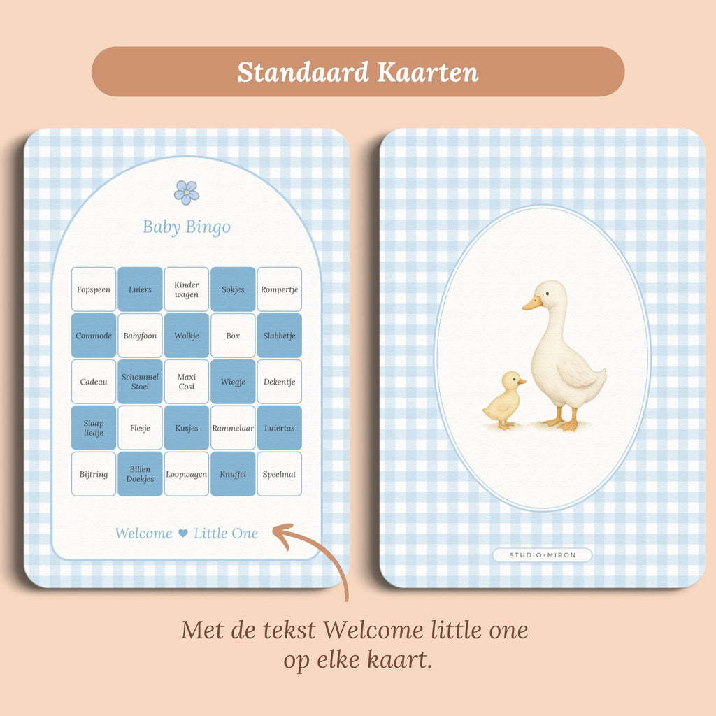Babyshower spelletjes baby bingo gingham blauw standaard voor en achter Studio Miron