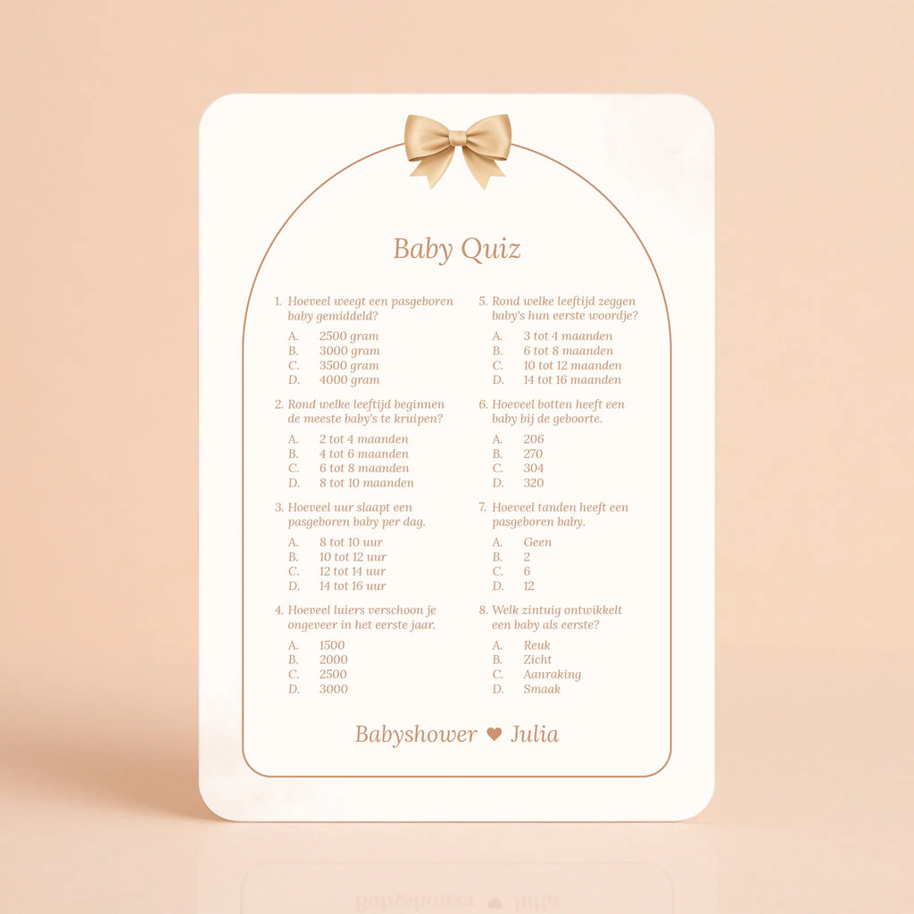 Babyshower spelkaart Baby Quiz in Boho Beige met beertje stijl, gepersonaliseerd met naam – Studio Miron