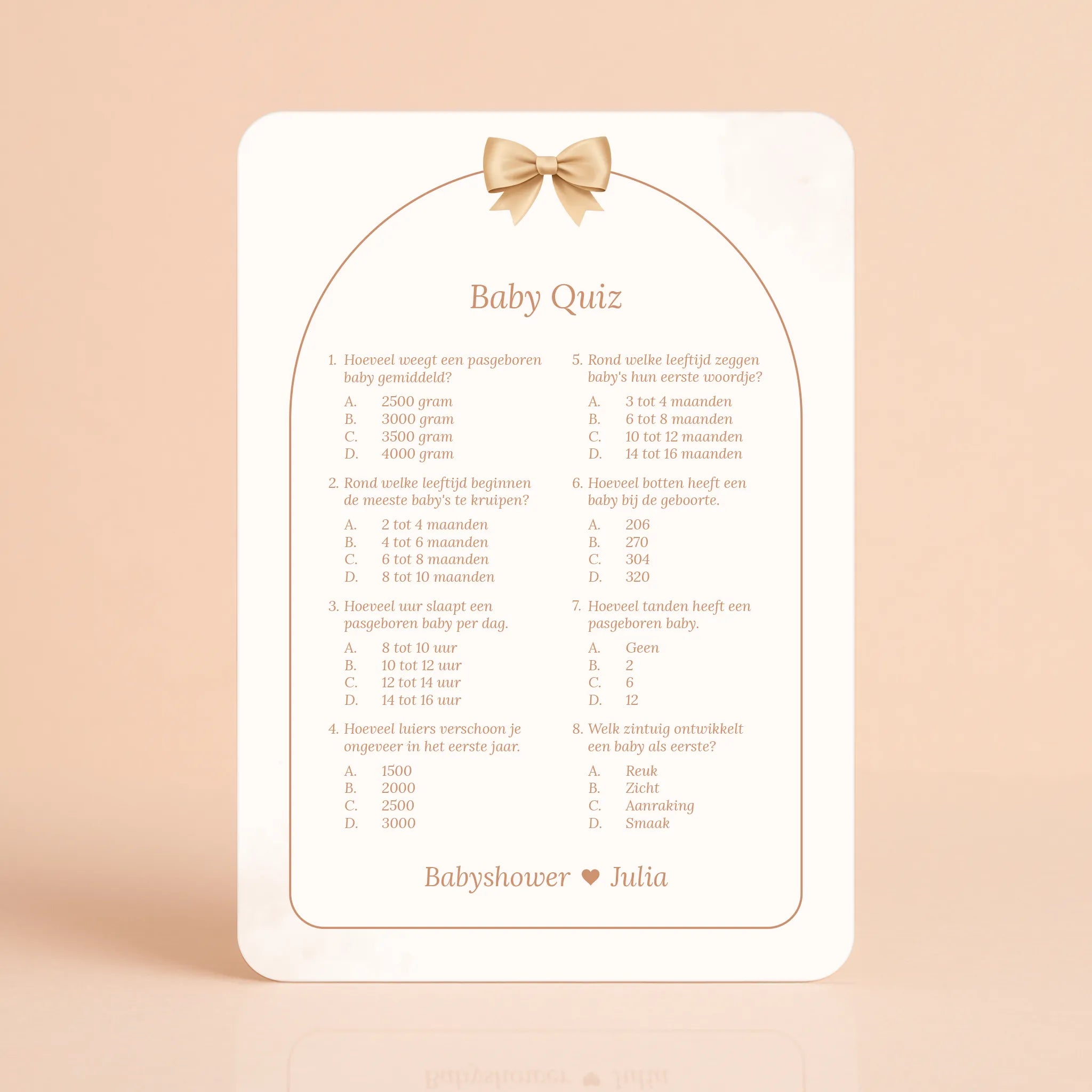 Babyshower spelkaart Baby Quiz in Boho Beige met beertje stijl, gepersonaliseerd met naam – Studio Miron