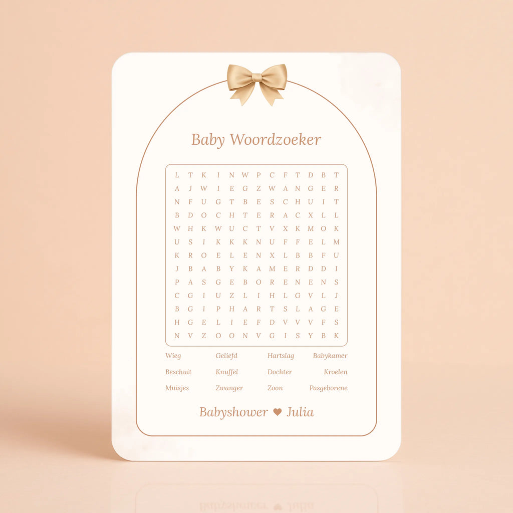 Babyshower spelkaart Baby Woordzoeker in Boho Beige met Beertje, gepersonaliseerd met naam – Studio Miron