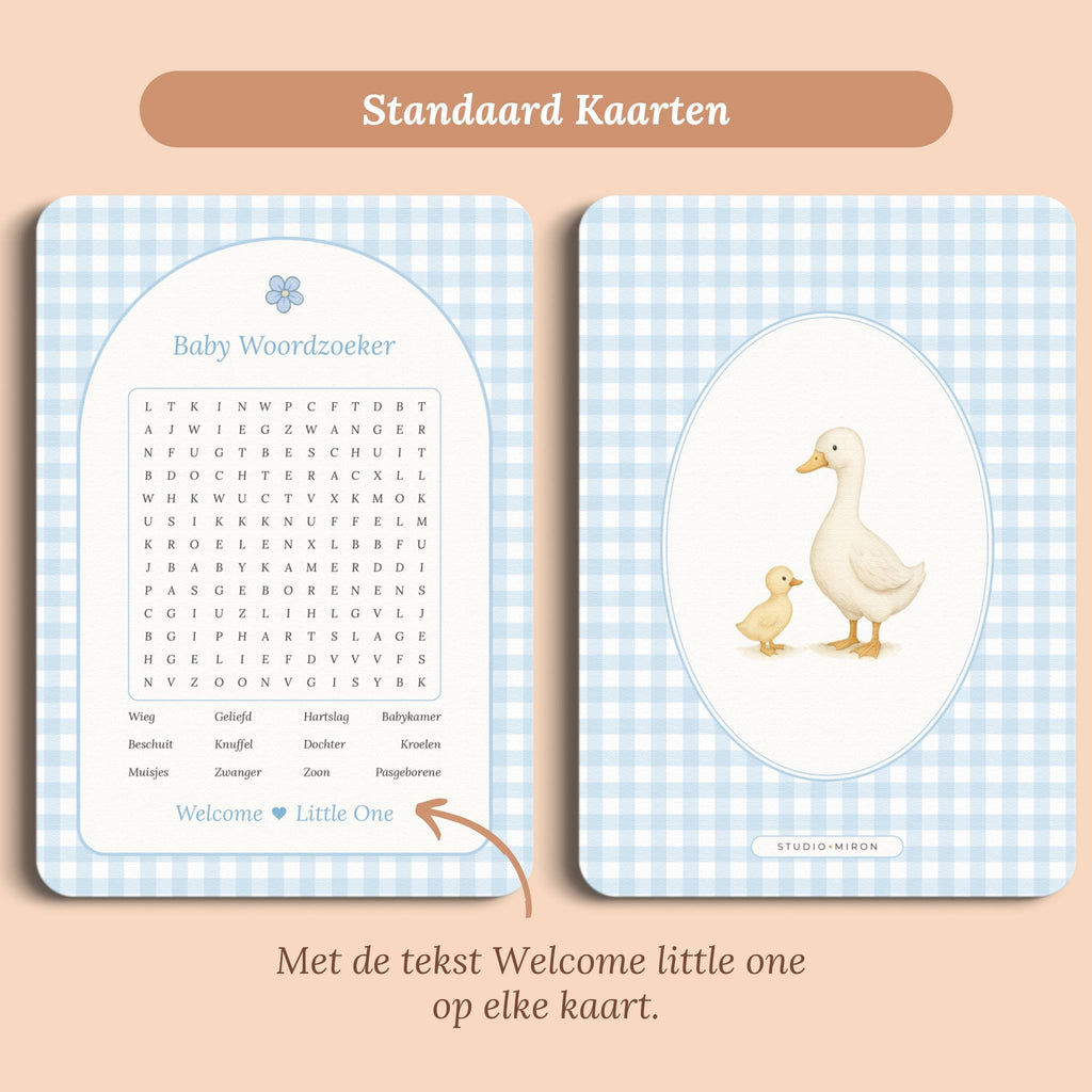 Babyshower spelletjes baby woordzoeker gingham blauw standaard voor en achter Studio Miron