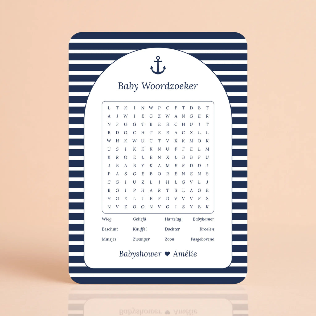 Babyshower spelkaart Baby Woordzoeker in Navy Blue stijl, gepersonaliseerd met naam – Studio Miron