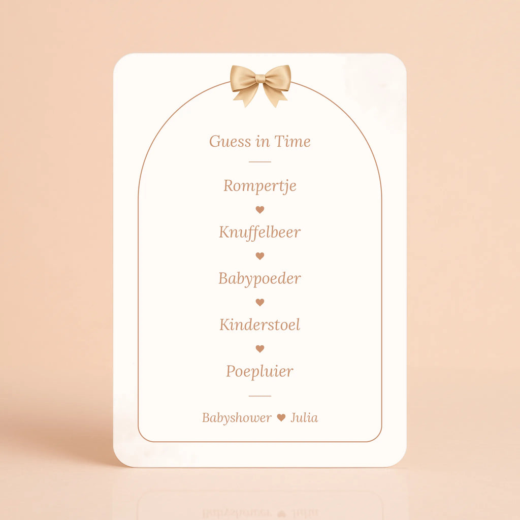 Babyshower spelkaart Guess in Time in Boho Beige met Beertje stijl, gepersonaliseerd met naam – Studio Miron