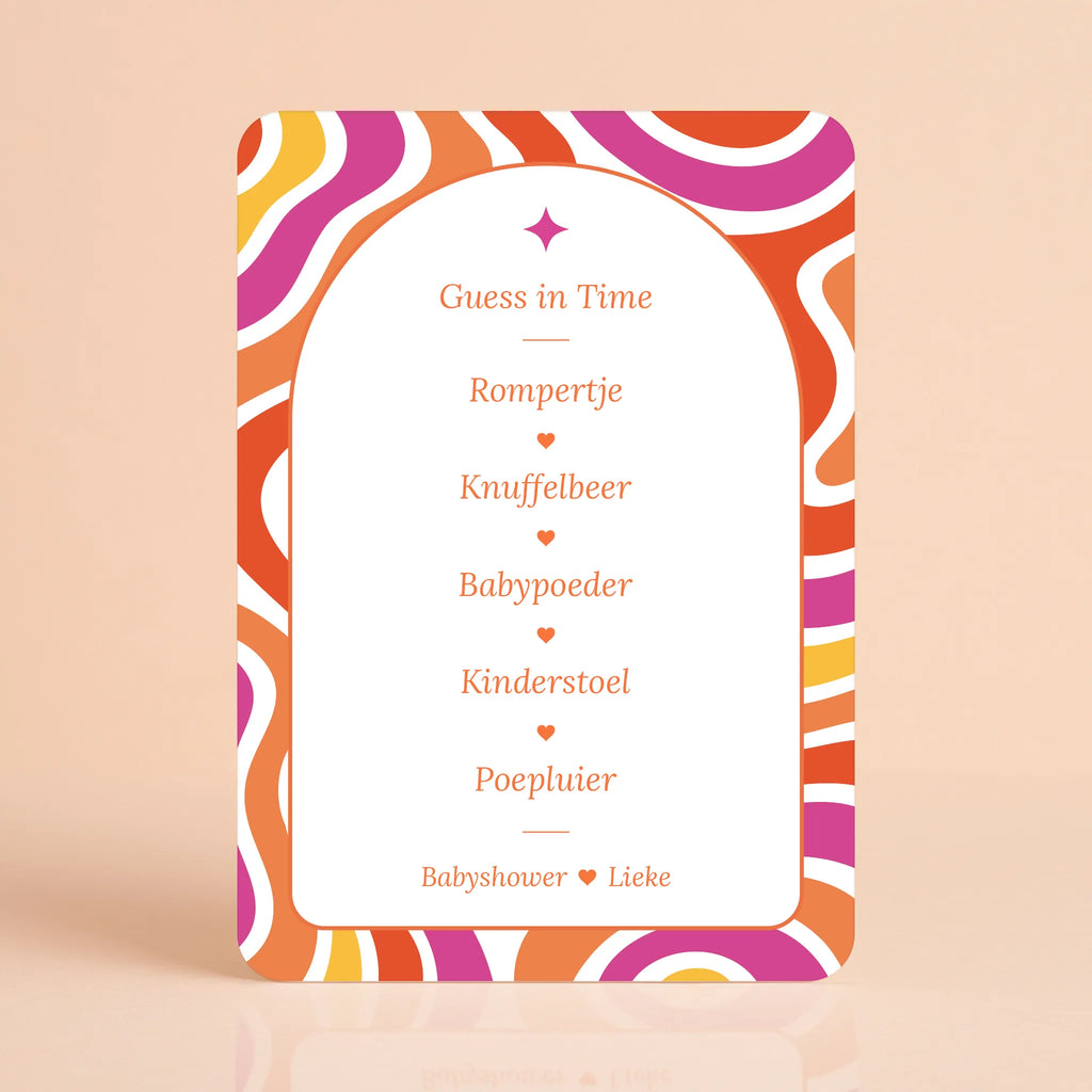 Babyshower spelkaart Guess in Time in Flower Power stijl, gepersonaliseerd met naam – Studio Miron