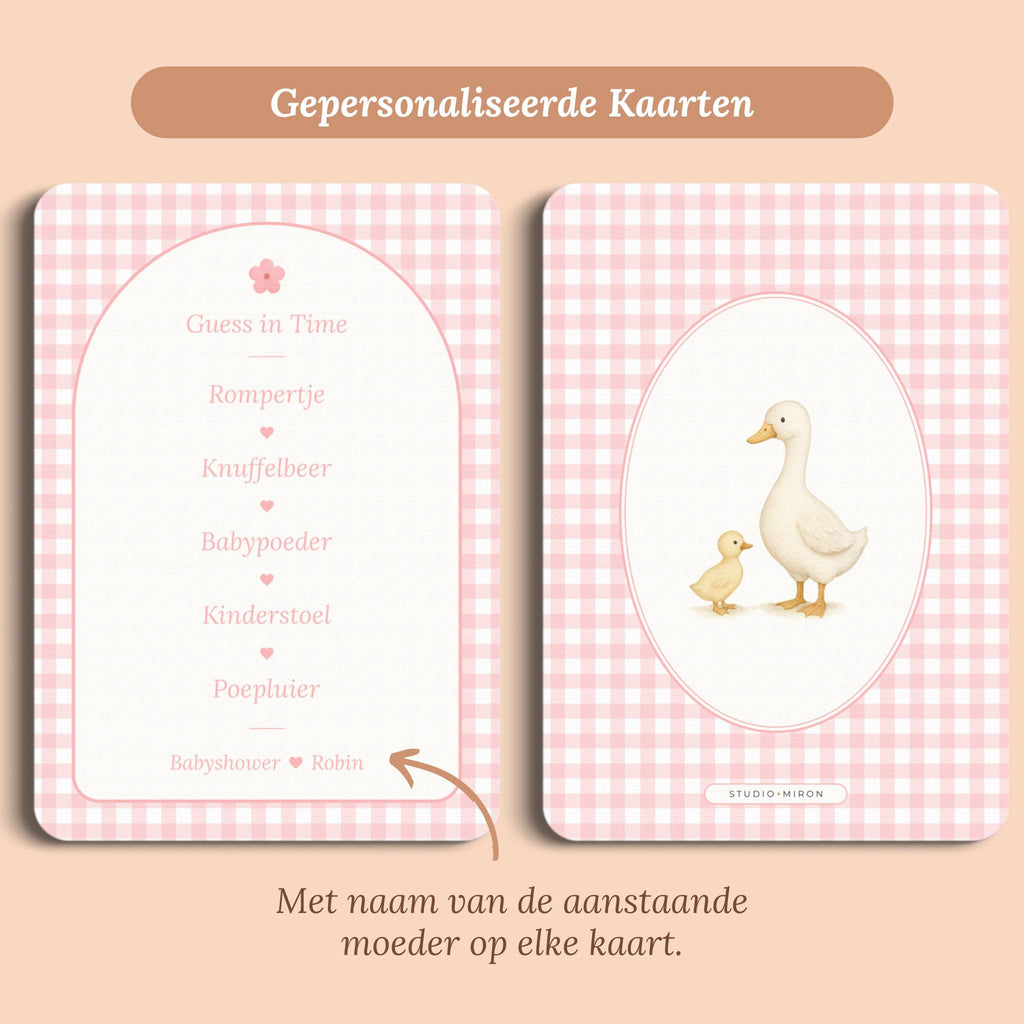 Babyshower spelletjes guess in time gingham roze gepersonaliseerd voor en achter Studio Miron