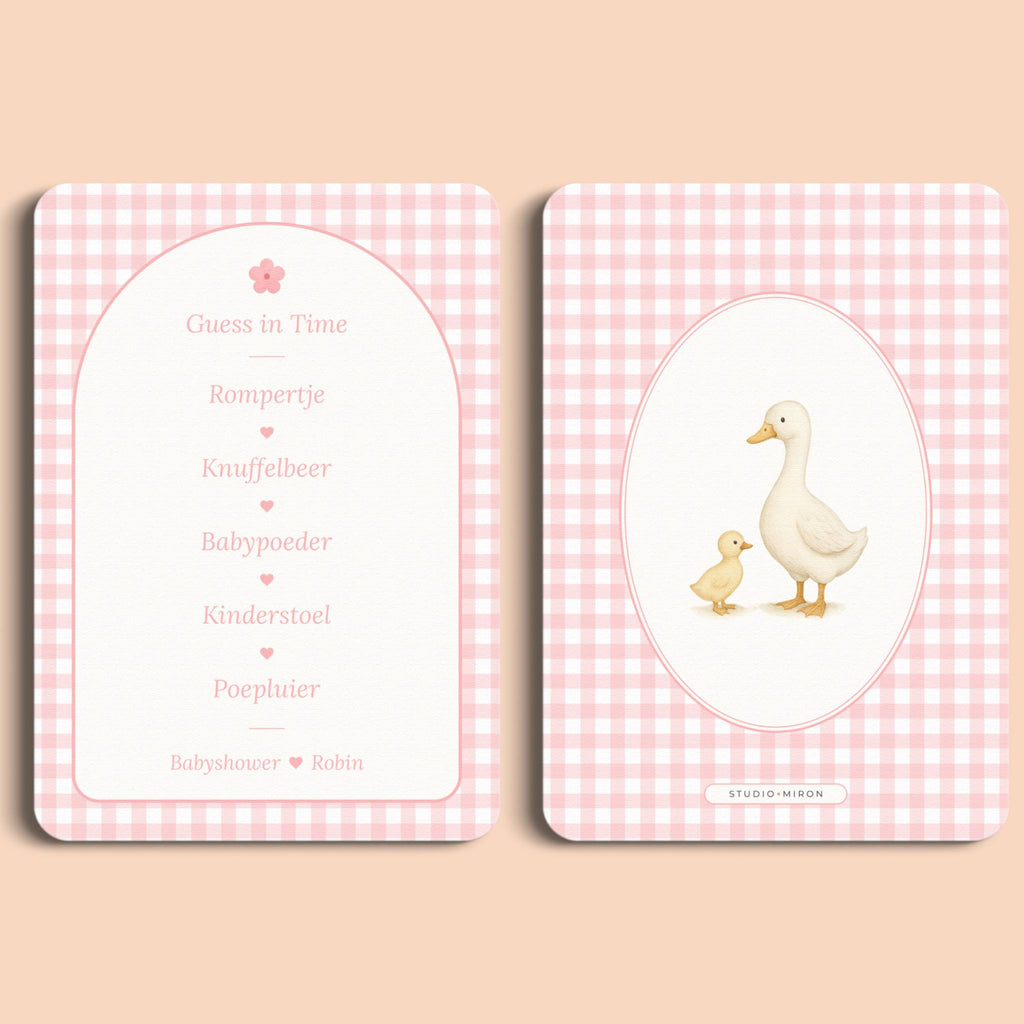 Babyshower spelletjes guess in time gingham roze voor en achter Studio Miron