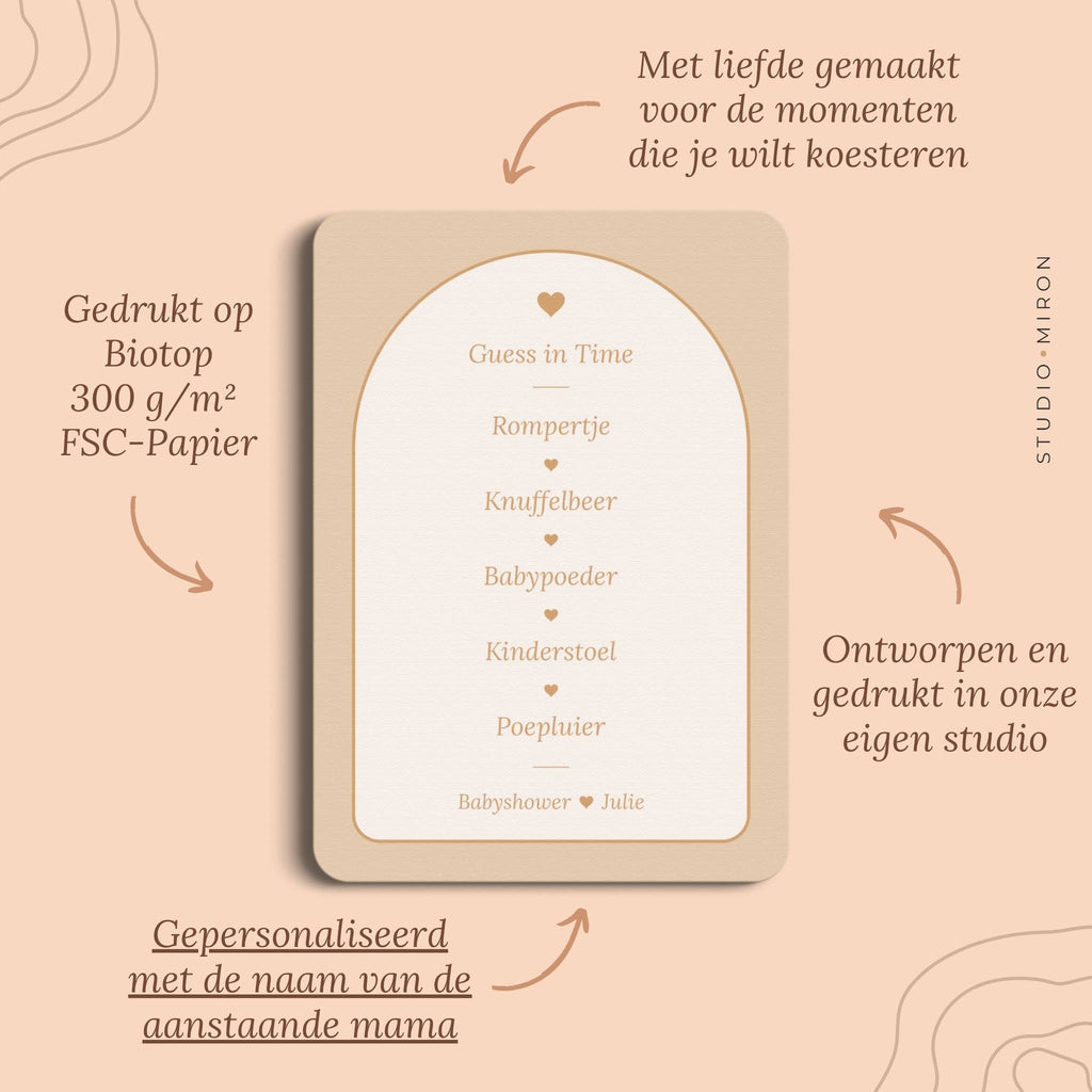Babyshower spel Guess in Time in Boho Zand Beer stijl, pluspunten – Studio Miron