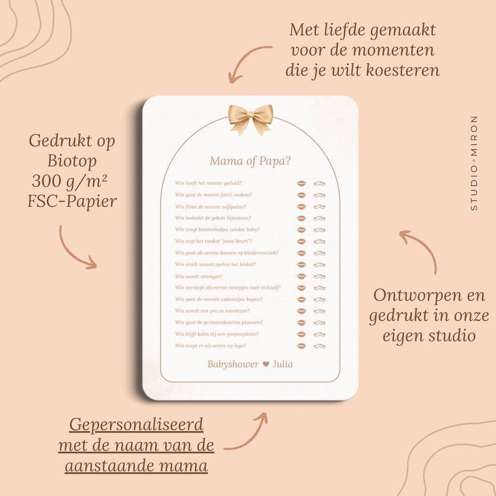 Babyshower spel Mama of Papa in Boho Beige Beertje stijl, pluspunten – Studio Miron
