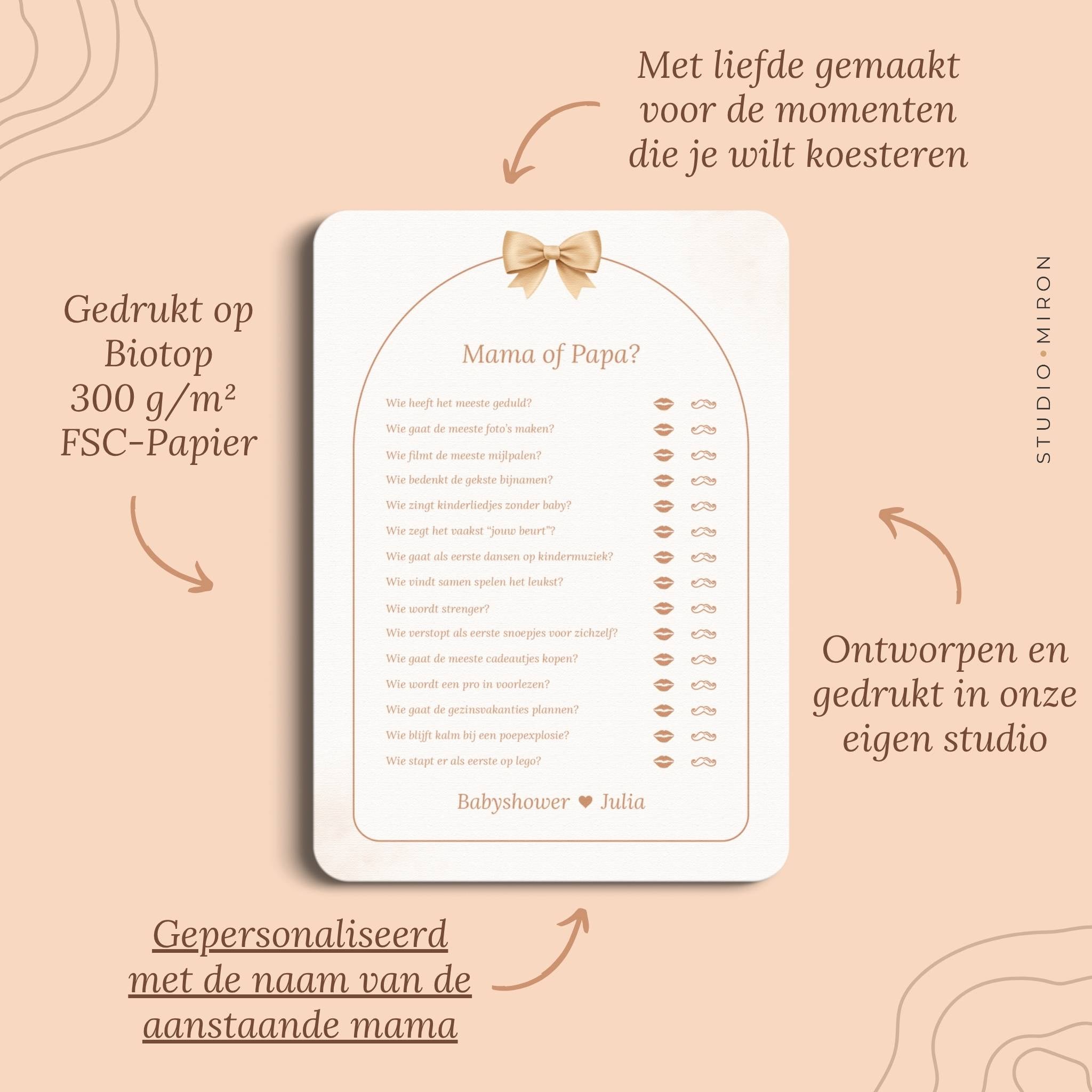 Babyshower spel Mama of Papa in Boho Beige Beertje stijl, pluspunten – Studio Miron