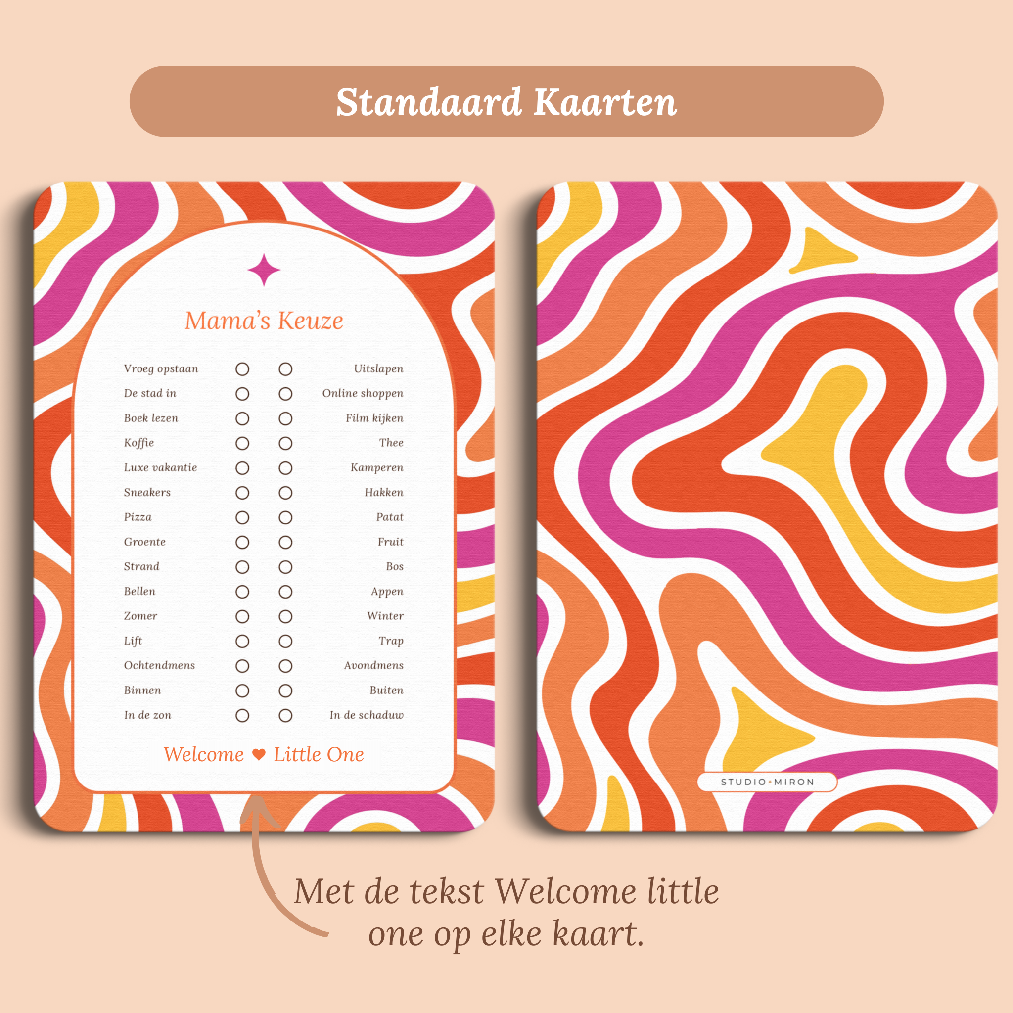 Babyshower spelkaart Mama’s Keuze in Flower Power stijl, standaardversie met Welcome Little One – Studio Miron