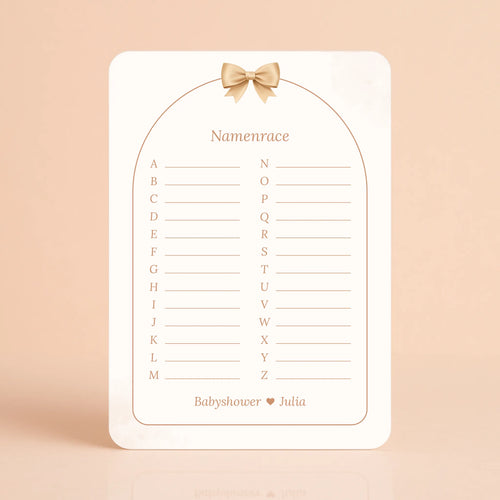 Babyshower spelkaart Namenrace in Boho Beige met Beertje stijl, gepersonaliseerd met naam – Studio Miron