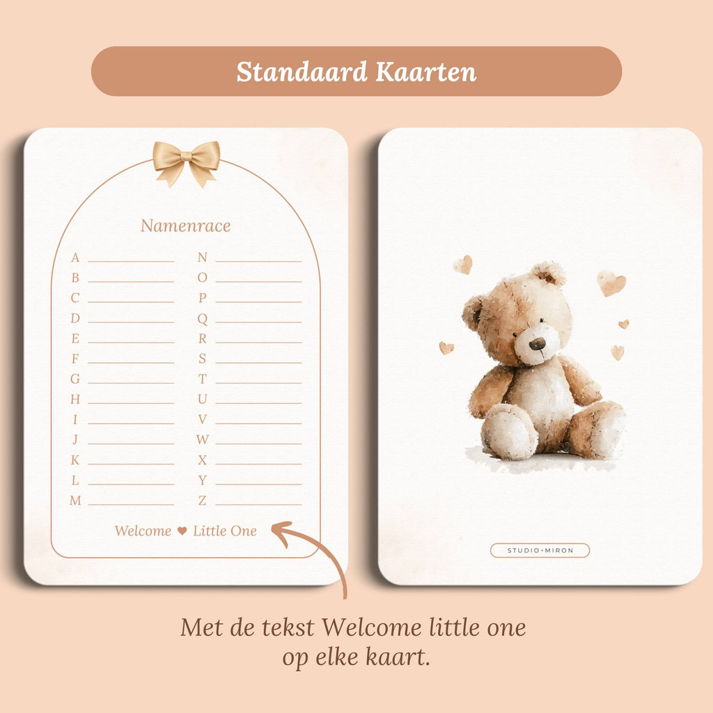 Babyshower spelletjes namenrace boho beige beertje standaard voor en achter Studio Miron