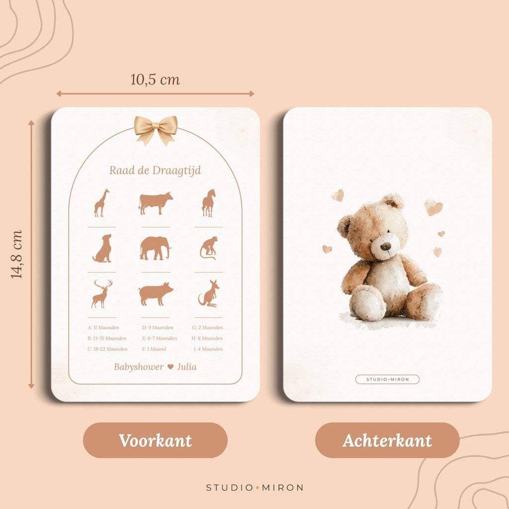Babyshower spel Raad de Draagtijd in Boho Beige Beertje stijl, formaat voorkant en achterkant – Studio Miron
