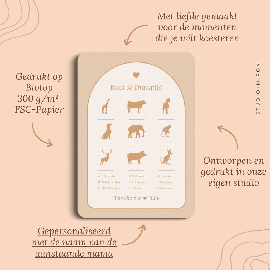 Babyshower spel Raad de Draagtijd in Boho Zand Beer stijl, pluspunten – Studio Miron