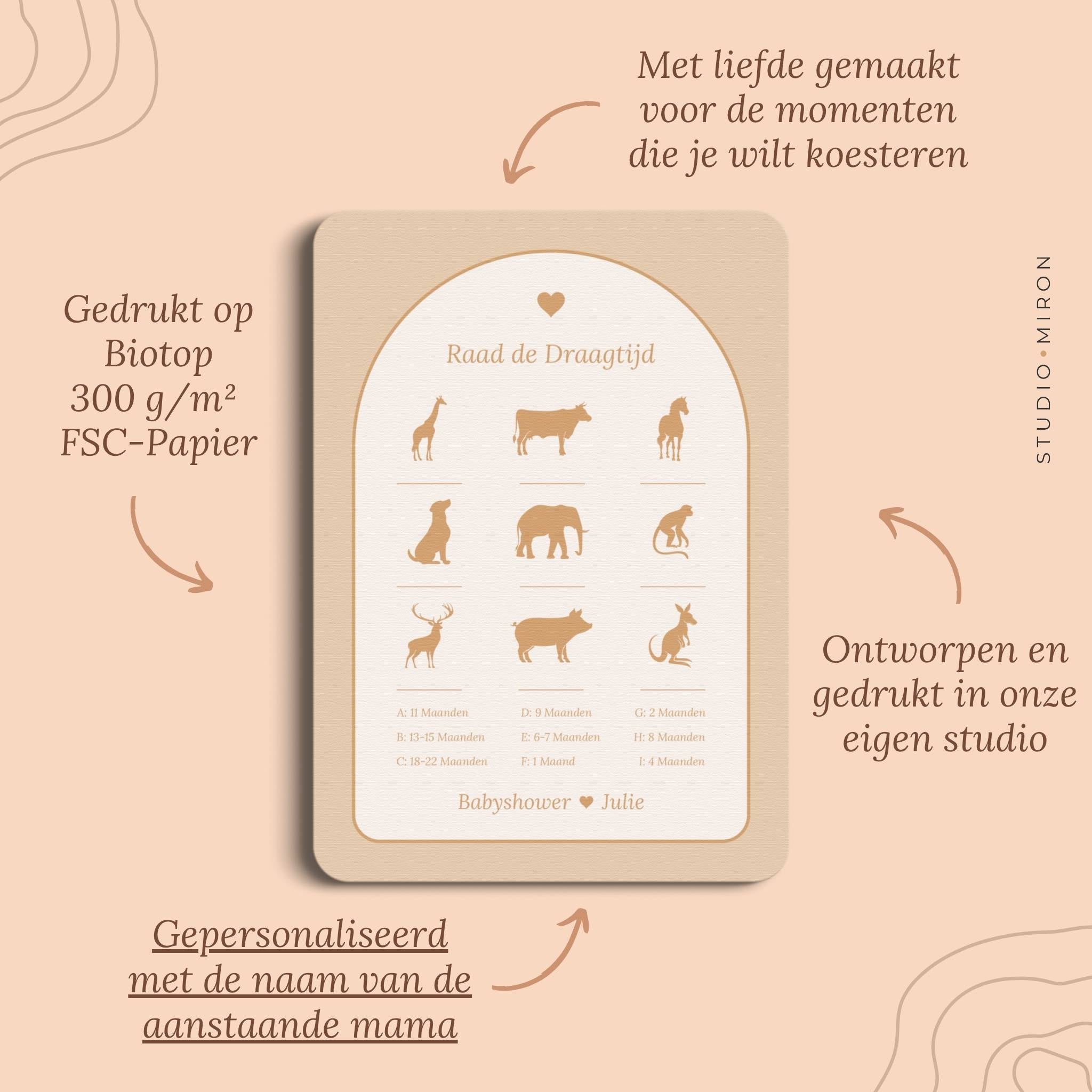 Babyshower spel Raad de Draagtijd in Boho Zand Beer stijl, pluspunten – Studio Miron