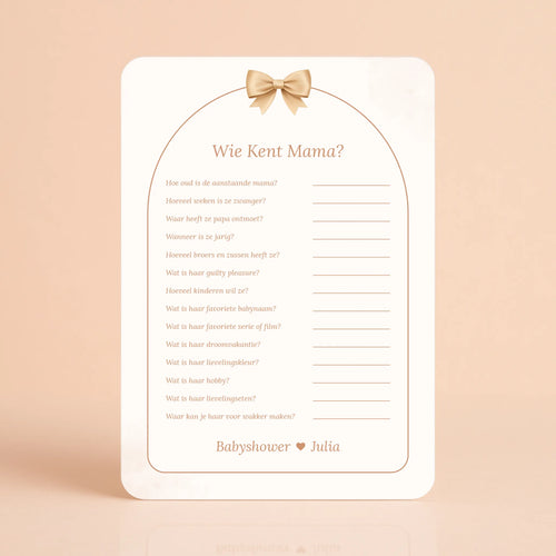 Babyshower spelkaart Wie kent Mama in Boho Beige Beertje stijl, gepersonaliseerd met naam – Studio Miron
