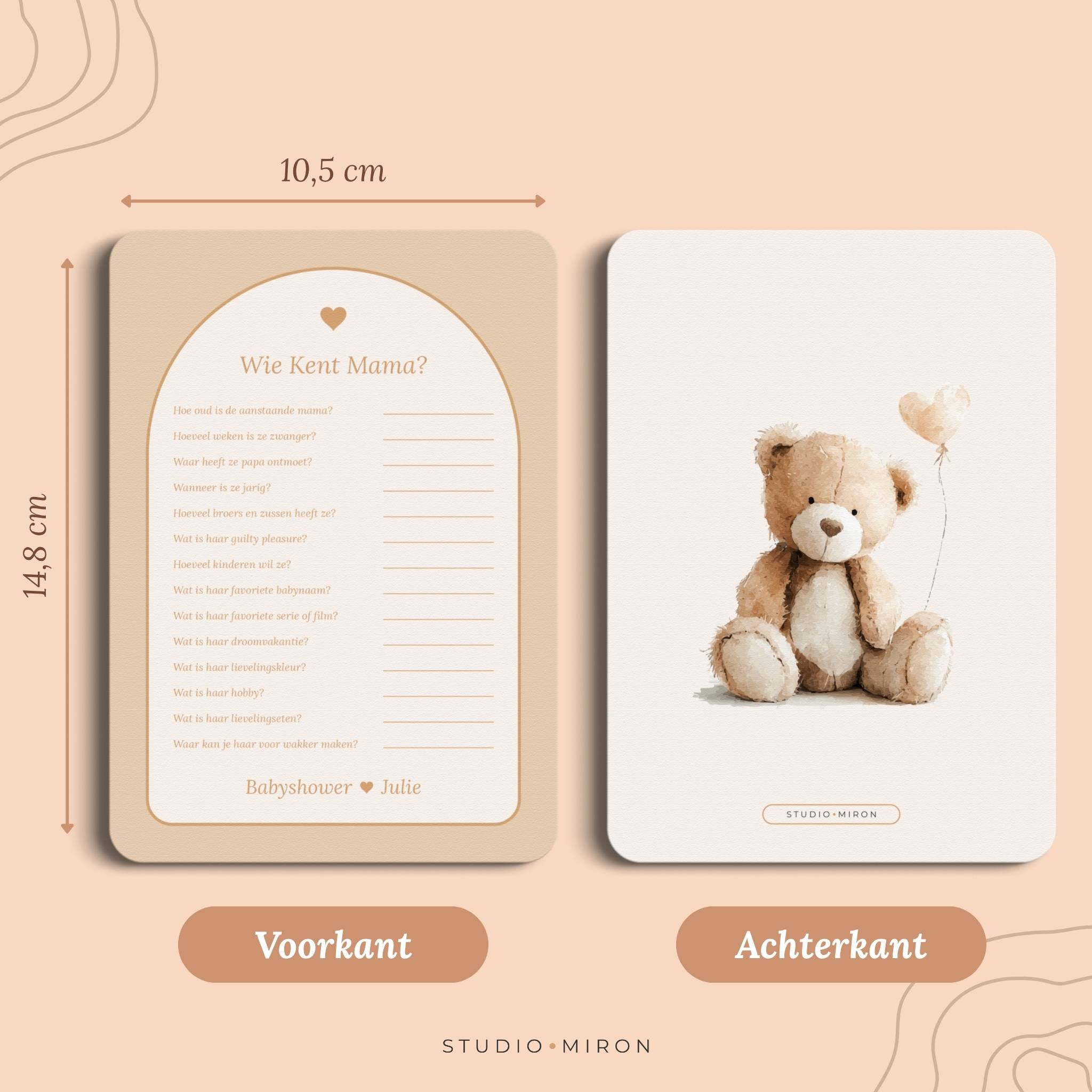 Babyshower spel Wie kent Mama in Boho Beige Zand stijl, formaat voorkant en achterkant – Studio Miron