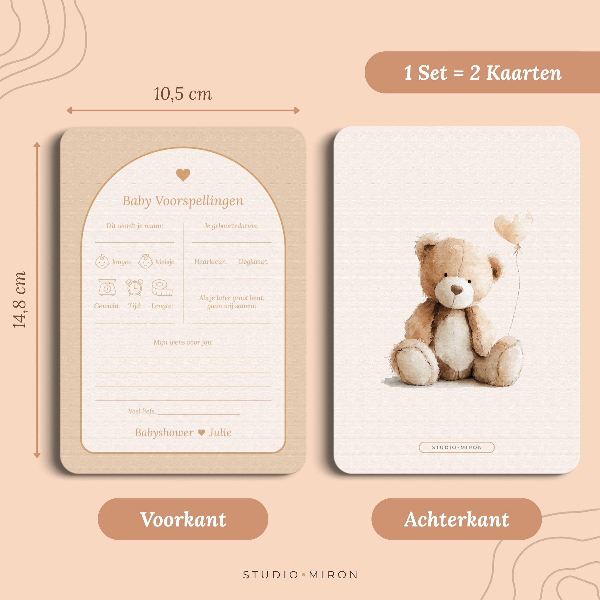 Babyshower invulkaarten Baby Voorspelling in Boho Beige Zand stijl, formaat voorkant en achterkant Set 2 kaarten – Studio Miron