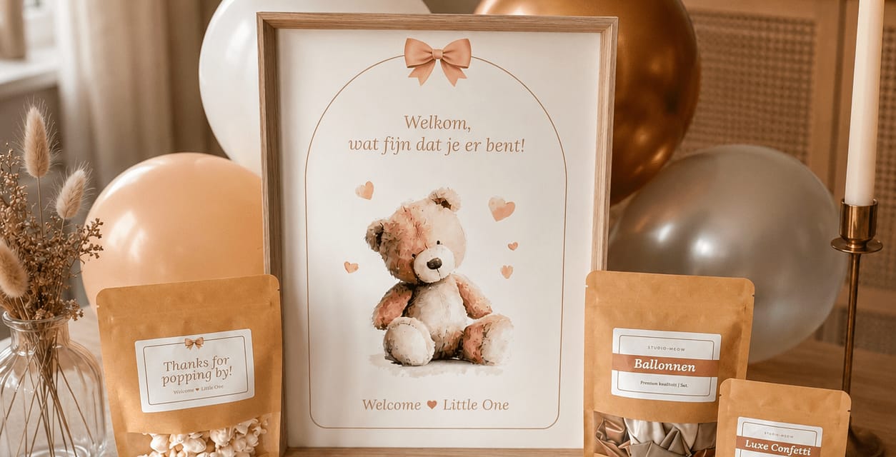 Paquete de baby shower en estilo Boho Osito con cartel de bienvenida, tarjetas para rellenar y decoración